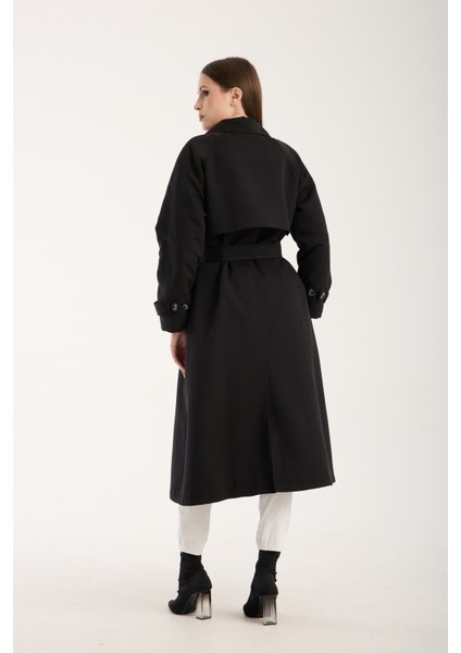 Siyah Kemerli Oversize Astarlı Trençkot 46159