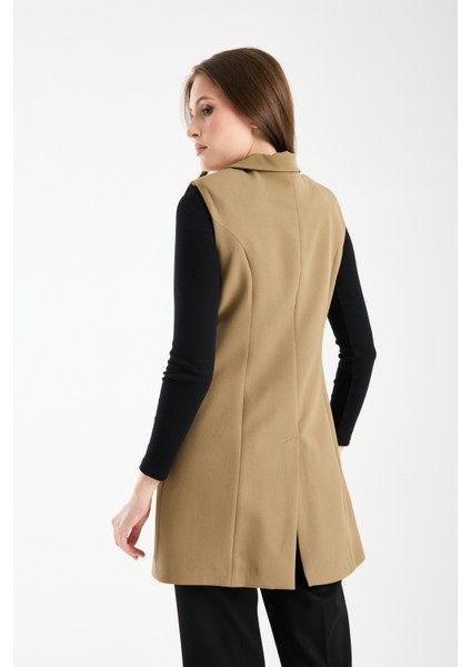 Koyu Haki Uzun Kruvaze Dokuma Yelek