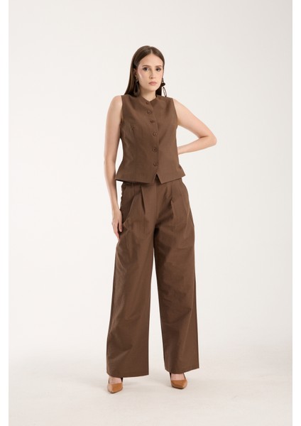 Kahverengi Kadın Dokuma Yelek-Pantolon Takım