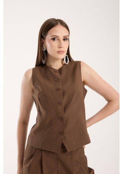 Kahverengi Kadın Dokuma Yelek-Pantolon Takım