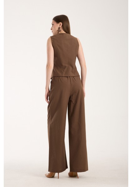 Kahverengi Kadın Dokuma Yelek-Pantolon Takım