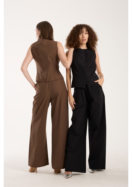 Kahverengi Kadın Dokuma Yelek-Pantolon Takım