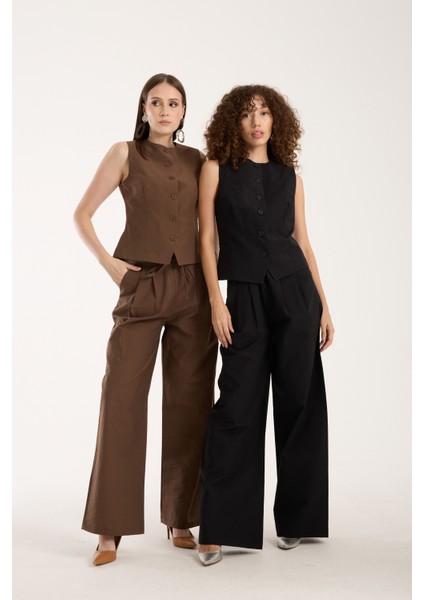 Kahverengi Kadın Dokuma Yelek-Pantolon Takım