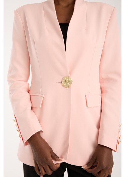 Pembe Salaş Kesim Düğme Detaylı Dokuma Blazer Ceket