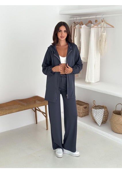 Kapşonlu Cepli Uzun Modal Kumaş Ikili Takım