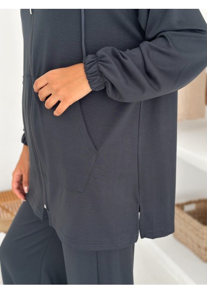 Kapşonlu Cepli Uzun Modal Kumaş Ikili Takım modelleri