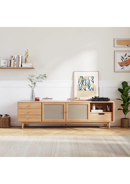 Woodendecoration Ahşap Rattan Kapak Detaylı Modern Tv Ünitesi modelleri