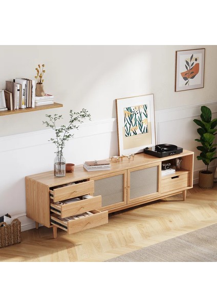 Woodendecoration Ahşap Rattan Kapak Detaylı Modern Tv Ünitesi indirimleri