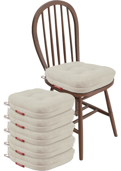 6'lı Çift Kat Sandalye Minderi Fermuarlı Yıkanabilir Kılıf Bağcıklı Su ve Yağ Itici 42 x 42 x 8 Bej