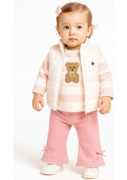 Kız Bebek 3’lü Takım Yelekli Teddy Nakışlı Sweatshirt ve Fiyonklu Pantolon Lila (9-12-18-24 Ay) 10695P fiyatları