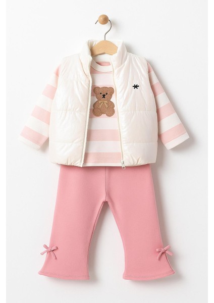 Kız Bebek 3’lü Takım Yelekli Teddy Nakışlı Sweatshirt ve Fiyonklu Pantolon Lila (9-12-18-24 Ay) 10695P indirimleri