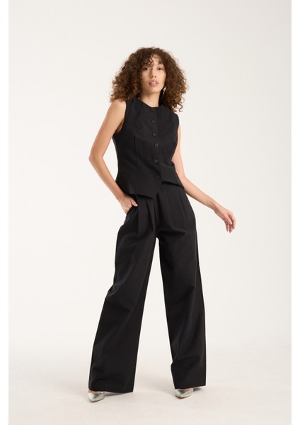 Siyah Kadın Dokuma Yelek-Pantolon Takım