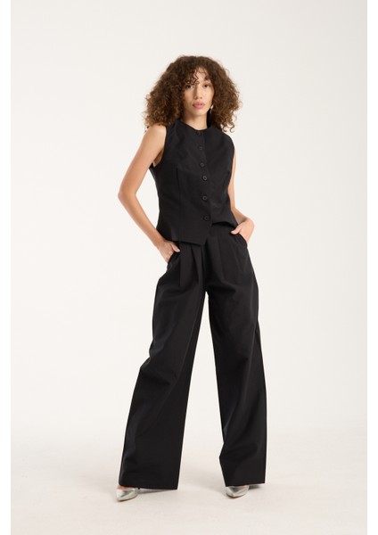 Siyah Kadın Dokuma Yelek-Pantolon Takım