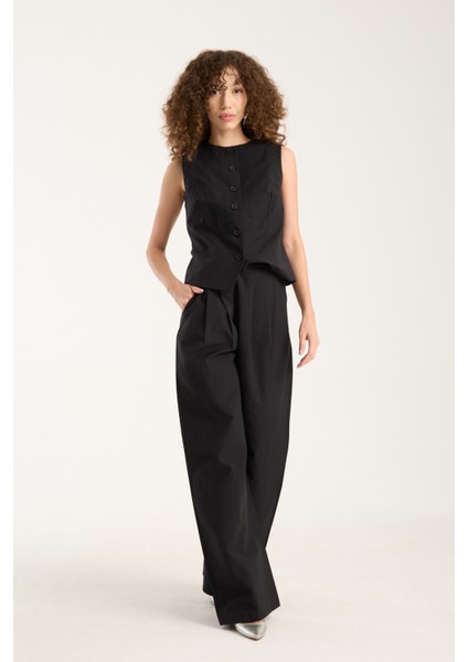 Siyah Kadın Dokuma Yelek-Pantolon Takım