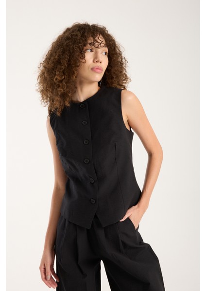 Siyah Kadın Dokuma Yelek-Pantolon Takım