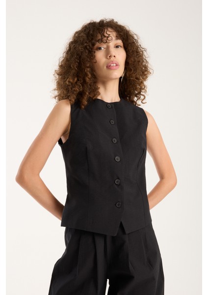 Siyah Kadın Dokuma Yelek-Pantolon Takım