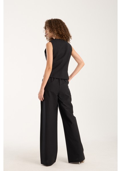 Siyah Kadın Dokuma Yelek-Pantolon Takım