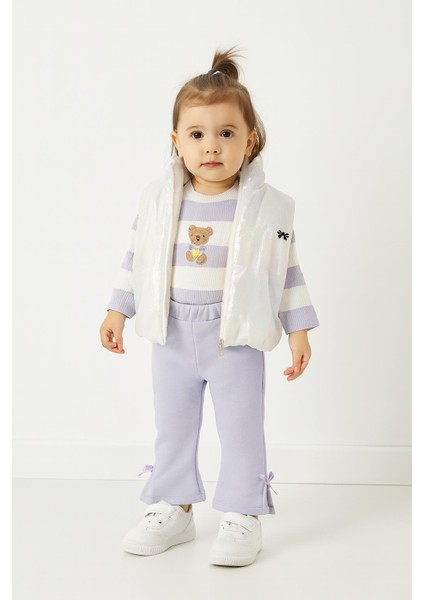 Kız Bebek 3’lü Takım Yelekli Teddy Nakışlı Sweatshirt ve Fiyonklu Pantolon Lila (9-12-18-24 Ay) 10695 modelleri