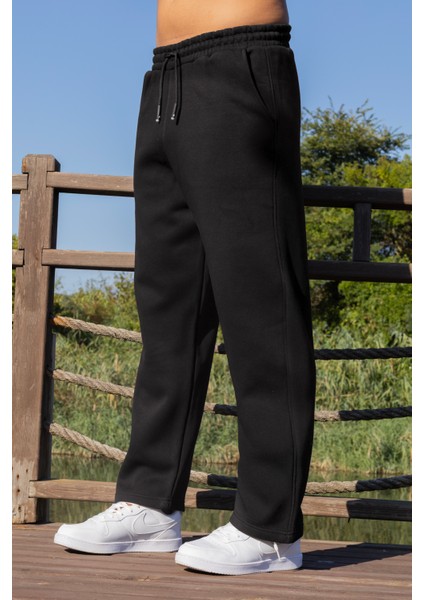 Siyah Erkek 3 Iplik Baggy Şardonlu Eşofman Altı