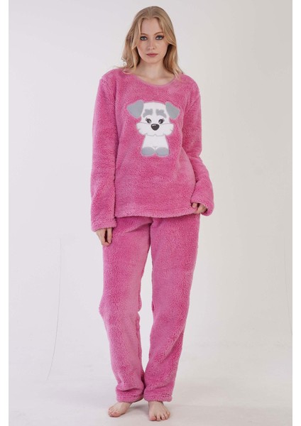 Kadın Pembe Renk Welsoft Kumaş Bisiklet Yaka Uzun Kollu Pijama Takımı C0T5N0603