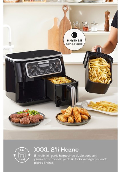 Çift Fonksiyonlu Büyük Boy Hava Fritözü, Gri Renk, 8 Kişilik Kullanım Kolaylığı