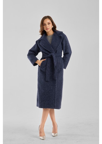 Lacivert Buklet Kaşe Oversize Kaban