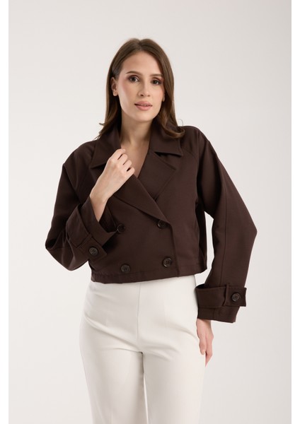 Acı Kahve Kruvaze Yaka Crop Trençkot