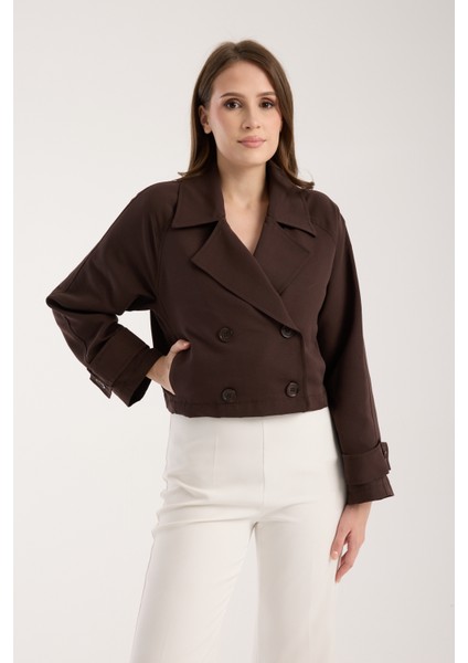 Acı Kahve Kruvaze Yaka Crop Trençkot