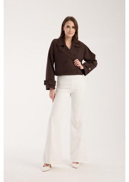 Acı Kahve Kruvaze Yaka Crop Trençkot