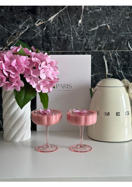 2 Adet Pembe Çiçek Şekilli Kahve Sunum ve Kokteyl Bardağı 2'li Magnolia Bardağı ve Tatlı Kasesi
