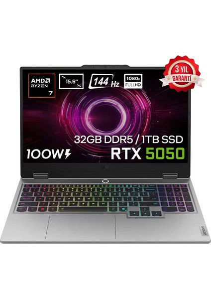 LOQ 15AHP10 AMD Ryzen 7-250 32GB DDR5 1TB SSD RTX5050 8GB 100W 15.6 inç Full HD 144Hz IPS FreeDos Gaming Laptop (83JG006ATRv4)