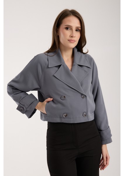 Koyu Gri Kruvaze Yaka Crop Trençkot