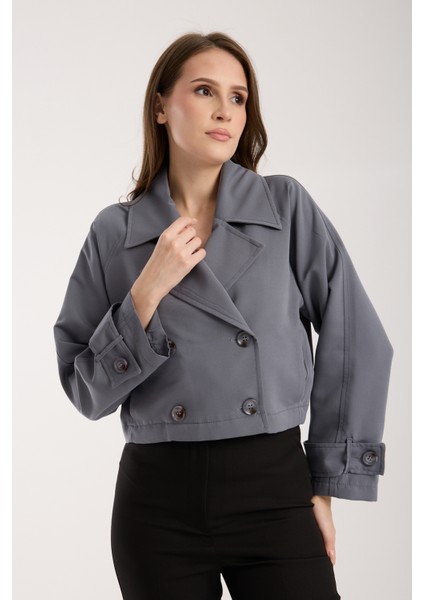 Koyu Gri Kruvaze Yaka Crop Trençkot