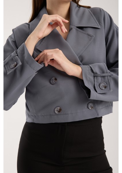 Koyu Gri Kruvaze Yaka Crop Trençkot