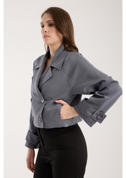 Koyu Gri Kruvaze Yaka Crop Trençkot