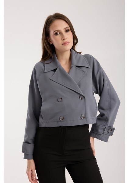 Koyu Gri Kruvaze Yaka Crop Trençkot