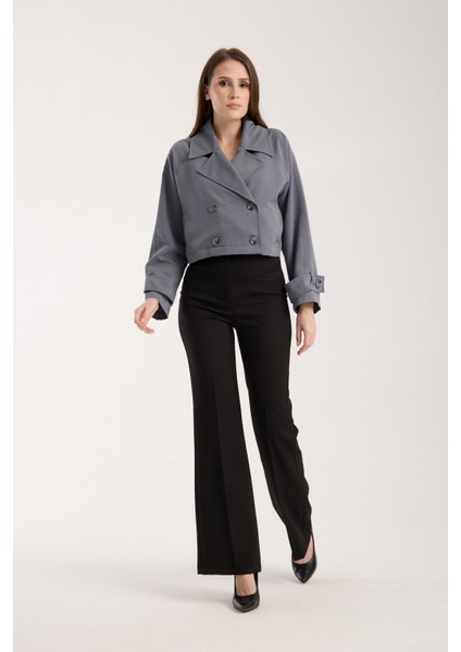 Koyu Gri Kruvaze Yaka Crop Trençkot