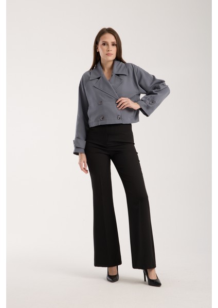 Koyu Gri Kruvaze Yaka Crop Trençkot