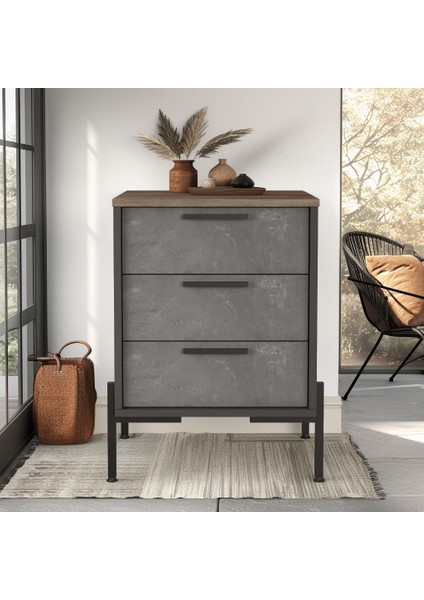 Darian C 3 çekmece Ofis Keson Etajer Metal Ayaklı Kahve-Beton-Antrasit Gri DR3-CGA