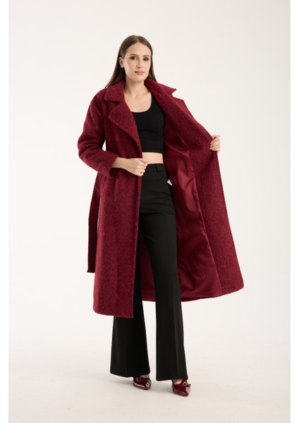 Bordo Buklet Kaşe Oversize Kaban