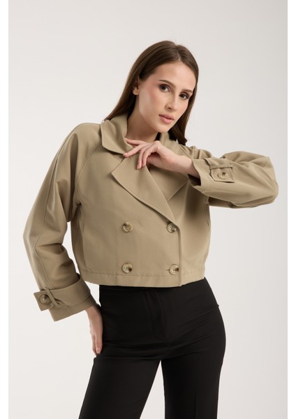 Açık Haki Kruvaze Crop Trençkot