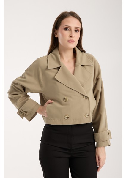Açık Haki Kruvaze Crop Trençkot