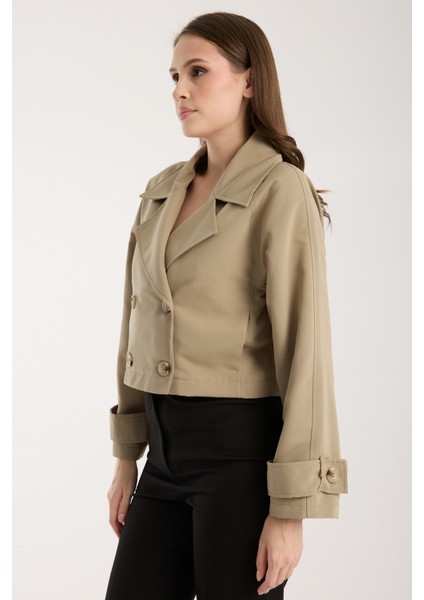 Açık Haki Kruvaze Crop Trençkot