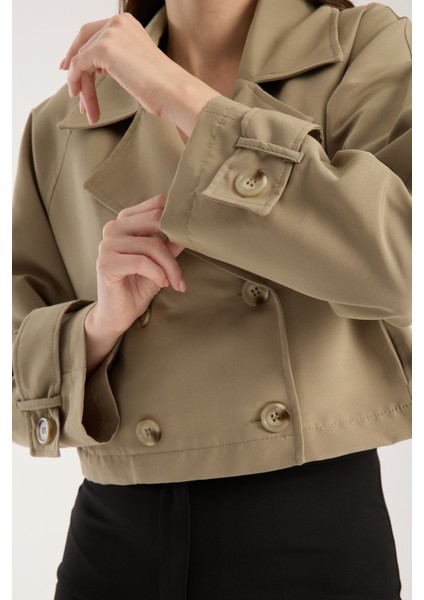 Açık Haki Kruvaze Crop Trençkot