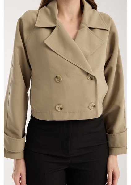 Açık Haki Kruvaze Crop Trençkot