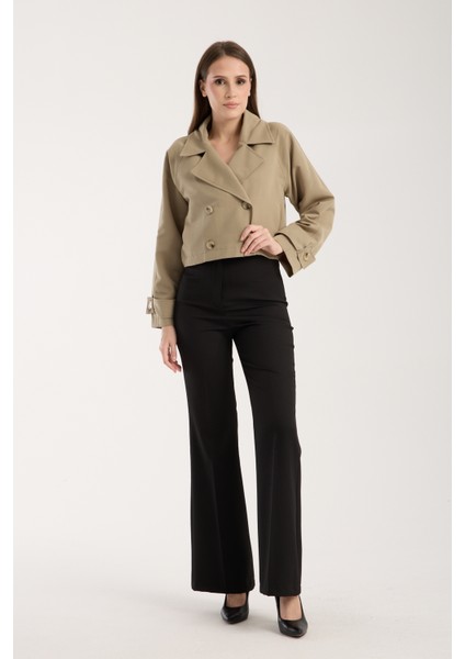 Açık Haki Kruvaze Crop Trençkot