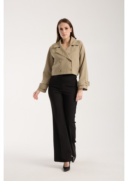 Açık Haki Kruvaze Crop Trençkot