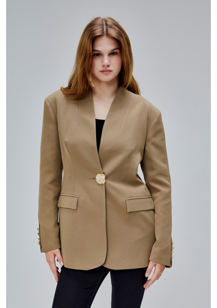 Koyu Haki Salaş Kesim Düğme Detaylı Dokuma Blazer Ceket