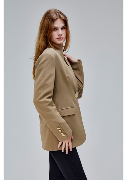 Koyu Haki Salaş Kesim Düğme Detaylı Dokuma Blazer Ceket