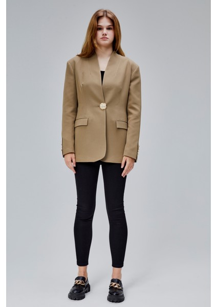 Koyu Haki Salaş Kesim Düğme Detaylı Dokuma Blazer Ceket